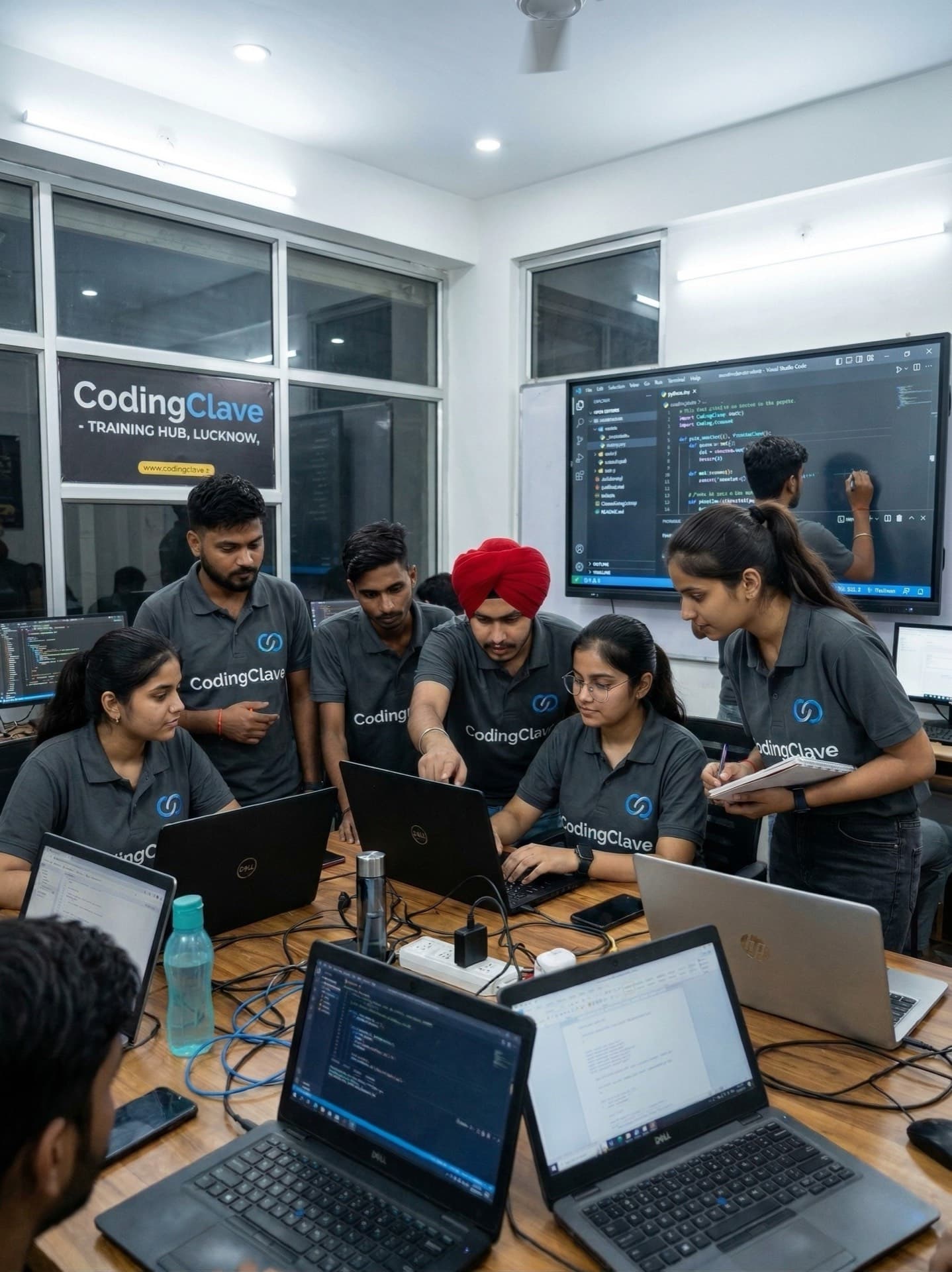 Students learning practical coding at CodingClave Training Hub in Lucknow with live mentor in a small batch